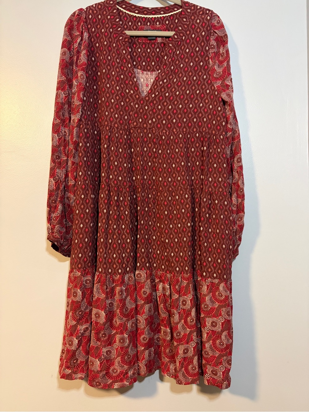Anthropologie Red Printed Long Sleeve Tiered Boho Dress L Maeve